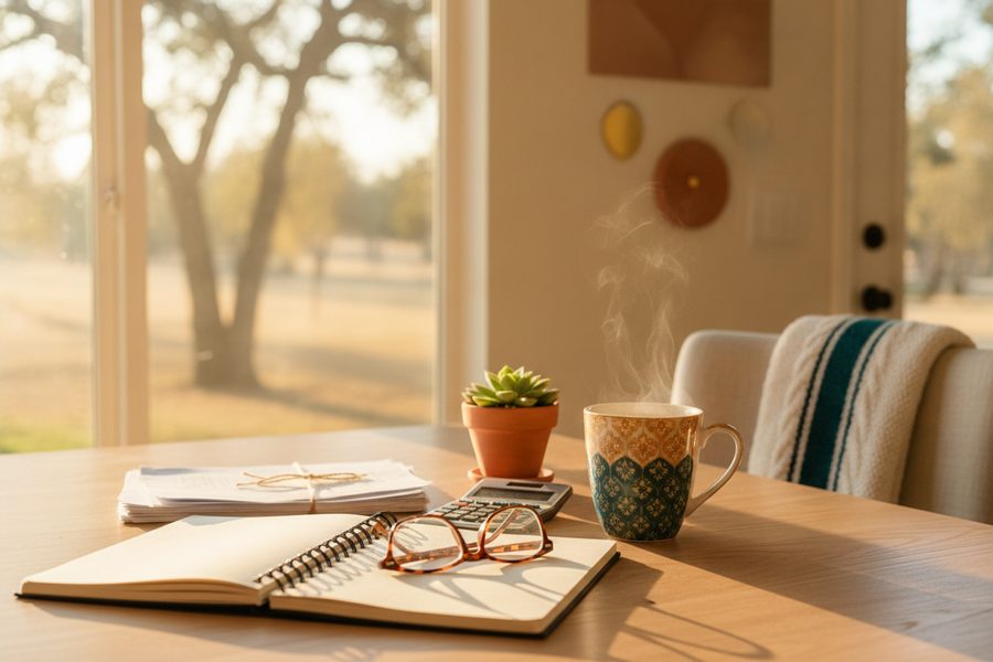 A close-up of a wooden table with an open notebook, reading glasses, a steaming mug, and a small potted succulent near a sunny window.