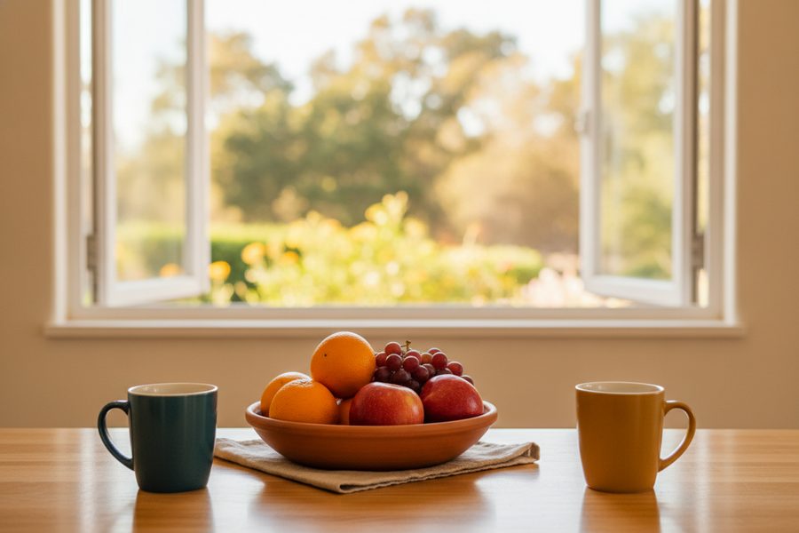 A bowl of fresh fruit sits between two ceramic mugs on a light wood table in front of a sunlit open window.