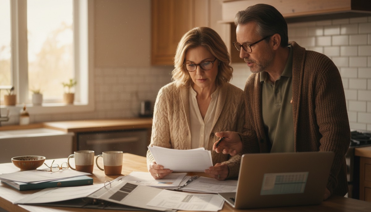 A couple at a kitchen counter going through paperwork with a laptop open