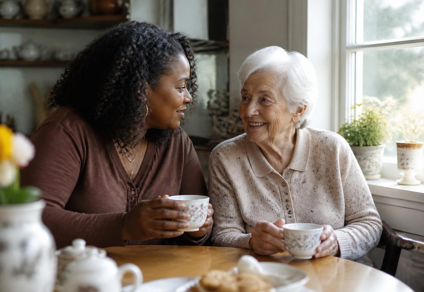 A caregiver and an older woman talking over tea at a kitchen table