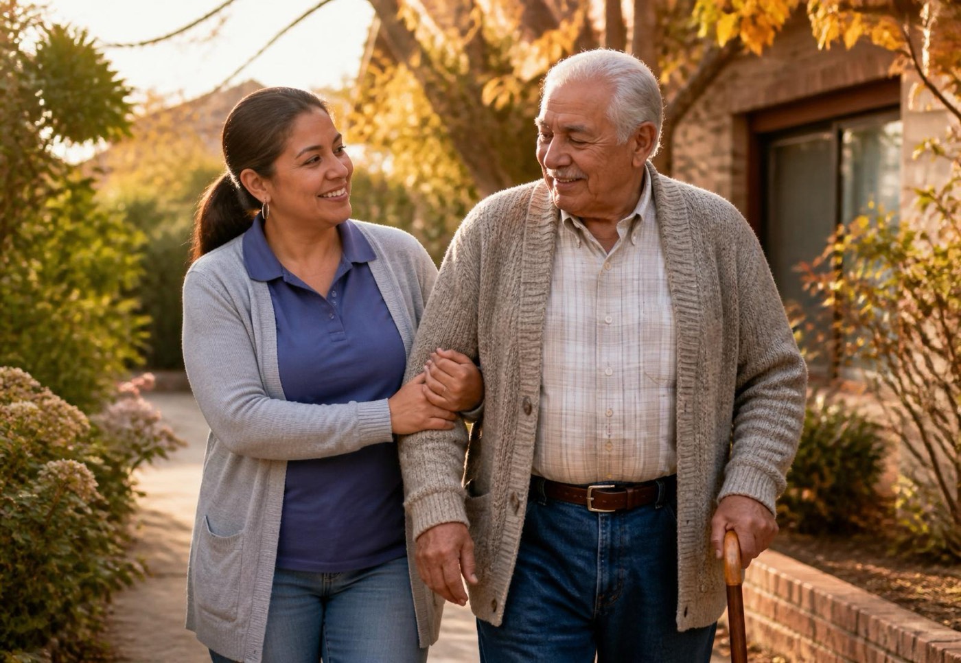 A caregiver walking outdoors arm in arm with an older man who uses a cane