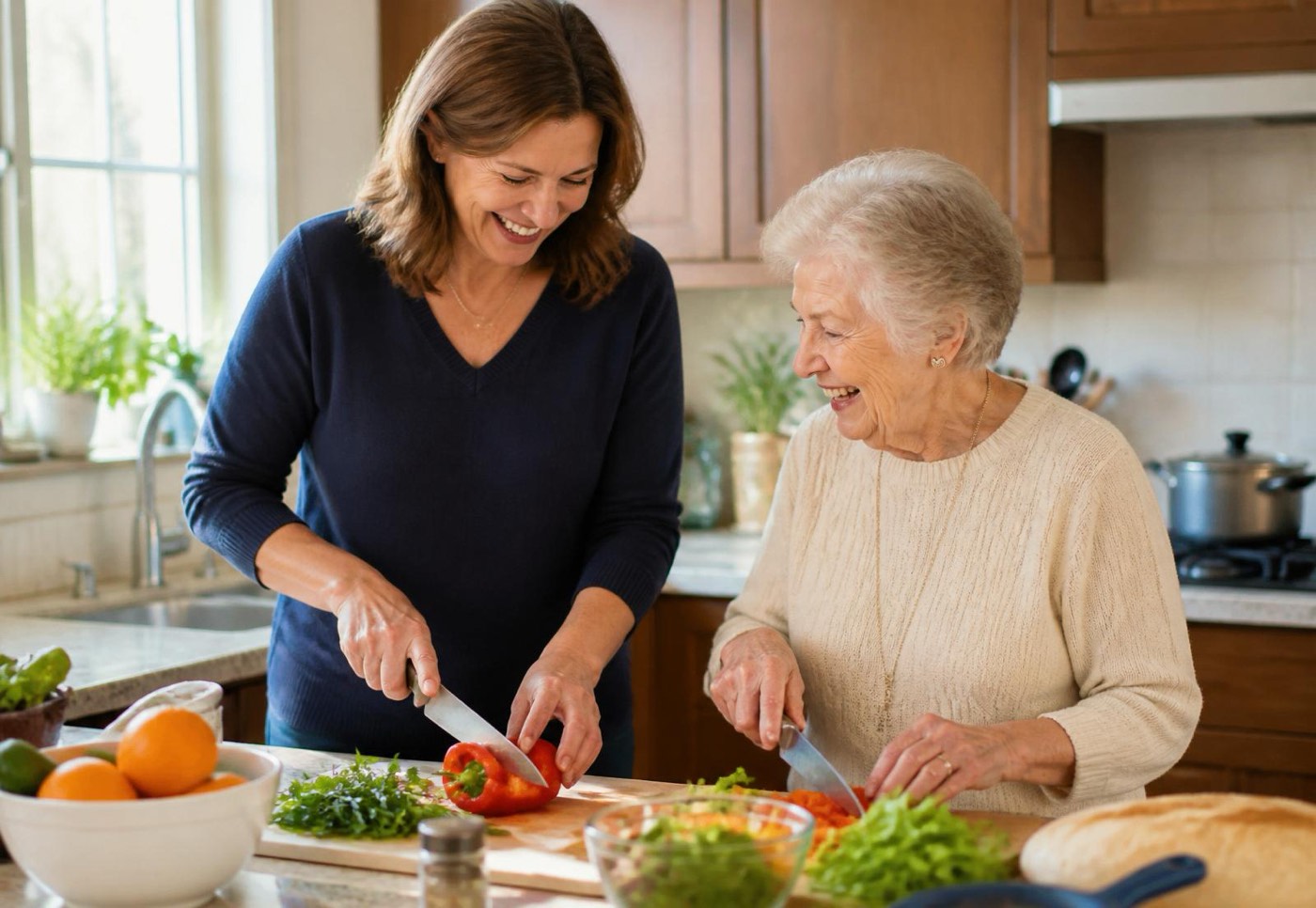 A caregiver and an older woman chopping vegetables together at a kitchen counter