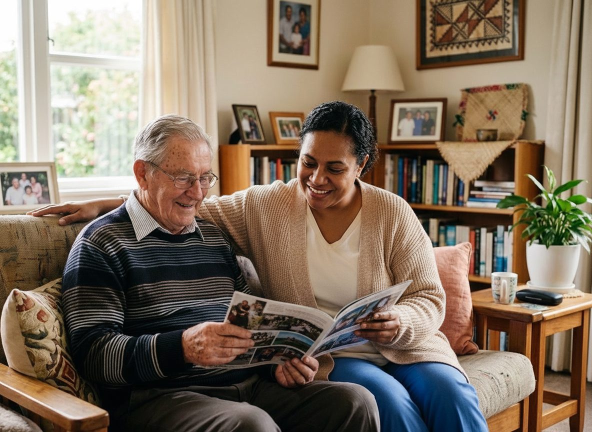 A caregiver sitting with an older man in the living room of the home she works in