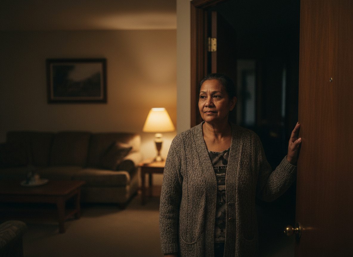 A caregiver standing in a doorway at night, looking down a darkened hallway while the rest of the house sleeps