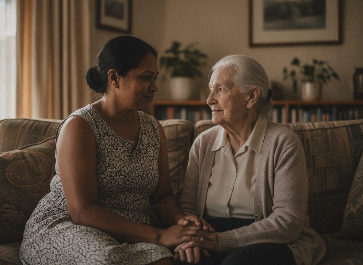 A caregiver sitting beside an older woman on a sofa, her hand resting over the older woman's hands