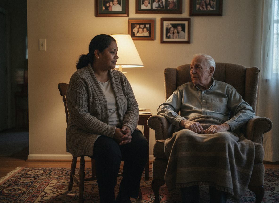 A caregiver sitting quietly beside an older man in his armchair in a lamplit sitting room