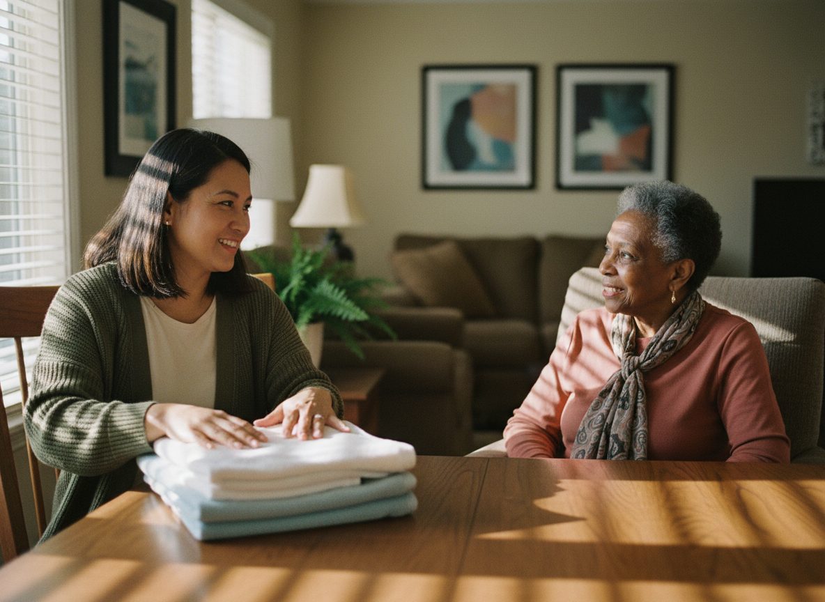 A caregiver folding clean towels at the dining table while an older woman talks with her