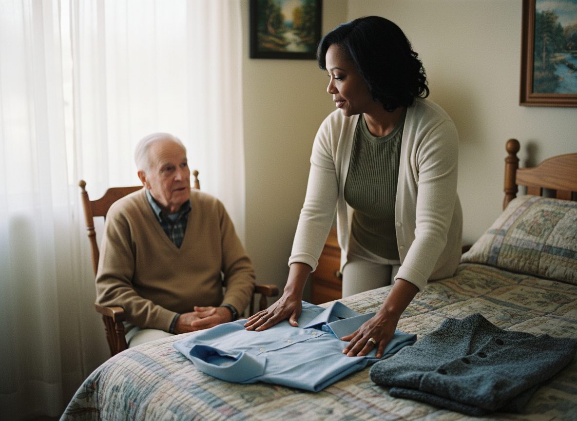 A caregiver laying clean clothes out on the bed while an older man sits talking with her by the window