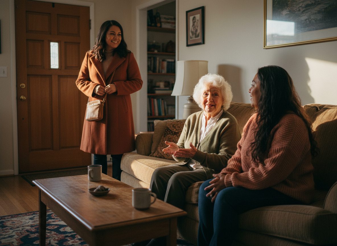 A caregiver sitting talking with an older woman on the sofa while her daughter leaves the house for the afternoon