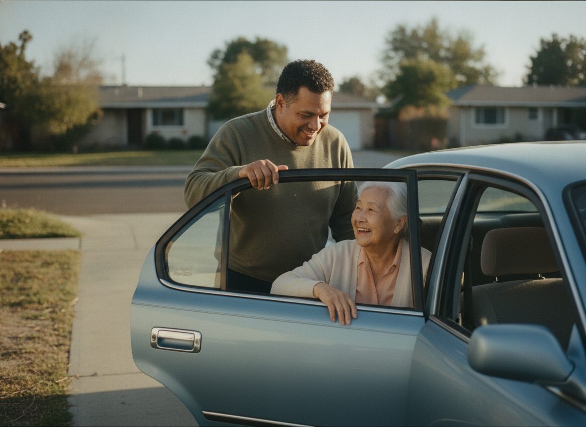 A caregiver holding the car door open as an older woman settles into the passenger seat